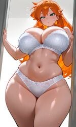 pokemon misty_(pokemon) kasumi_(pokemon) ai_generated bangs bare_shoulders bow bow_bra bow_panties bow_underwear bra clothing lace lace_trim lace-trimmed_bra lingerie pantsu underwear underwear_only white_bra white_panties white_underwear aqua_eyes blush breasts busty cleavage curvaceous female green_eyes groin huge_breasts large_breasts long_hair navel orange_hair plump shiny_skin skindentation stomach thick_thighs thighs wide_hips standing looking_at_viewer 1girl female_only indoors pov_doorway solo
