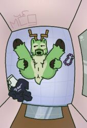 altack_(mcgriddy) andromorph anthro anus clothing deer discarded_clothing dressing_room_(disambiguation) fur genitals green_body green_fur hi_res intersex lying male male/male mammal mcgriddy mirror on_back presenting presenting_anus presenting_vulva public solo trans_(lore) trans_man_(lore) vulva
