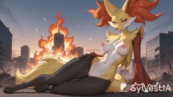 ai_generated sylvestia delphox pokemon 1girl solo mature_female large_breasts lying_on_side seductive_smile white_fur yellow_fur orange_mane black_lower_body ruined_city fire explosion embers