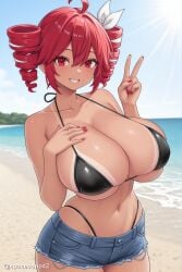 1girl ahoge ai_generated bangs beach bikini black_bikini blush breasts cleavage collarbone denim denim_shorts drill_hair grin hair_between_eyes hair_ribbon hand_on_own_chest huge_breasts kasane_teto looking_at_viewer nail_polish navel ocean outdoors red_eyes red_hair red_nails ribbon sand short_shorts shorts sky smile solo swimsuit tan tanlines twin_drills twitter_username utau v vocaloid