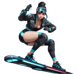 casey_(lust_goddess) lust_goddess big_ass big_butt big_booty blue_hair bangs skateboard ski_goggles flashbang blue_jacket transparent_background ai_generated thick_thighs floating