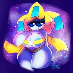 cottonbuzzkill filthycottonart stormcloudsart unfortu-nate pokemon pokemon_(species) legendary_pokemon mythical_pokemon jirachi female anthro anthropomorphic pokemorph pokegal pokegirl pokegirl_as_pokemon boobs breasts tits nipples big_boobs big_breasts stars nsfw above_the_stars winona_(unfortu-nate) cute adorable thicc thick solo solo_female