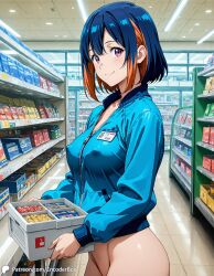 1girls ai_generated cashier casual casual_nudity encoder exhibitionism female public public_exposure public_nudity store uniform work_uniform bottomless shop no_panties covered_nipples name_tag id_card two-tone_hair looking_at_viewer smile jacket