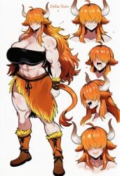 novelai kortai ai_generated tagme original_character delia_toro reference_sheet highland_cattle highland_cow muscular muscular_female