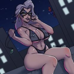1boy 1girls 2026 alternate_version_available big_breasts black_cat_(marvel) black_cat_(marvel_rivals) domino_mask eyemask felicia_hardy ggelatas lingerie looking_at_viewer male marvel marvel_rivals mask masked masked_female peter_parker spider-man spider-man_(series) superheroine