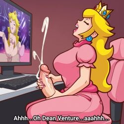 1futa 1girls accurate_art_style ai_generated ass balls big_penis blonde_hair both_hands_on_penis computer computer_monitor crossover cum cumming dean_venture ejaculation epic_crossover erection futanari mario_(series) masturbating masturbation nintendo pajamas penis penis_out princess_peach sitting testicles venture_brothers watching_porn yellow_hair