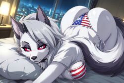 1female 1girls ai_generated american_flag_bikini anthro ass beautiful bed bedroom big_ass big_breasts bikini breasts canid canine canis clothed clothing demon demon_girl ear_piercing ears female furry furry_only goth goth_girl grey_body grey_fur grey_hair hellhound helluva_boss hi_res high_resolution highres indoors inside long_hair looking_at_viewer loona_(helluva_boss) mildlyflirty multicolored_fur mythological_canine mythological_creature mythology night night_sky on_bed red_sclera sexy sharp_teeth shirt silver_hair swimsuit swimwear tagme tail two-piece_swimsuit two-tone_body two-tone_fur two-tone_tail vivienne_medrano vivziepop white_body white_eyes white_fur white_shirt window wolf wolf_girl wolf_humanoid wolf_tail