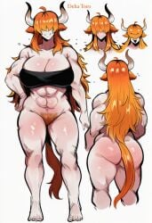novelai kortai ai_generated tagme original_character delia_toro reference_sheet highland_cattle highland_cow muscular muscular_female