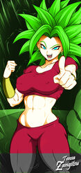 1girls abs athletic breasts dragon_ball dragon_ball_super earrings female fusion green_eyes green_hair kefla legendary_super_saiyan light-skinned_female light_skin potara_earrings saiyan short_hair spiky_hair super_saiyan super_saiyan_2 tensa-zangitsu text watermark