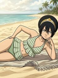 toph_bei_fong avatar_the_last_airbender alternate_costume bikini green_bikini blind tiara belly_button belly tummy ai_generated hand_on_ass annoyed annoyed_expression beach lying_on_side towel beach_towel beach_background