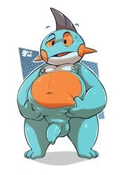 1boy 2019 amphibian anthro anthrofied belly chubby feet flaccid half-closed_eyes hi_res male male_only marshtomp moobs nintendo nipples orange_eyes original_character overweight overweight_male penis pokémon_(species) pokemon pokemon_rse raburigaron solo standing testicles thick_thighs uncut video_games wide_hips