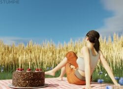 asian asian_female blue_eyes blue_eyes_female chell brown_hair brown_hair_female medium_ass pale_skin pale-skinned_female ponytail ponytail_female 3d artist:stumpie copyright:portal_(series) copyright:portal_2 nature nature_background day daytime daylight sunlight sunny relaxing relaxed field field_background wheat_field picnic_blanket food cake