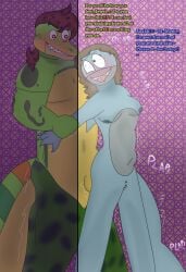 alligator blue_skin brown_eyes brown_hair drool drooling five_nights_at_freddy's five_nights_at_freddy's:_security_breach fnaf fnaf_security_breach green_skin grey_belly jewel_mazagoni_(ragz_pizzle) kinsona male/female male_penetrating male_penetrating_female montgomery_gator_(fnaf) monty_gator naked naked_female naked_male penetration purple_background red_eyes red_hair rizzmodeus_(artist) self_insert shaking shark shark_girl tears tongue tongue_out wet wet_pussy window window_view yellow_belly