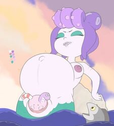 anthro areolae belly belly_button big_belly birth birthing breasts cala_maria crowning cuphead_(game) erect_nipples female fetal_movement fugasvbashnyu hands_behind_back lineart mermaid outie_navel pregnant pushing ready_to_pop what