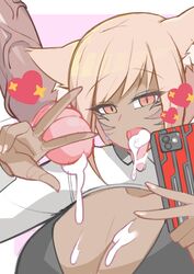 blonde_hair brown_skin cum cum_in_mouth cum_on_breasts dark-skinned_female final_fantasy final_fantasy_xiv kiki_monhi large_breasts large_penis leaking miqo'te peace_sign penis red_eyes selfie smartphone taking_picture tongue_out veiny_penis