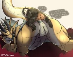 anal anal_penetration armor balls bestiality bodily_fluids cum cum_in_ass cum_inside dialogue dragon duo english_text eyelashes female feral frill_(anatomy) genital_fluids genitals head_crest head_frill hi_res horn human human_on_feral human_penetrating interspecies larger_female light-skinned_male male male/female mammal mythological_creature mythological_scalie mythology penetration penis scalie sharp_teeth tail teeth text tongue tongue_out vulva yaboinoir