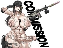 1girl abs body_writing breasts commission futanari girls'_frontline highres huge_breasts large_breasts m4a1_(girls'_frontline) military non-web_source slavsegger solo