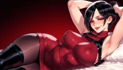 1girl clothing female breasts pantyhose armpits solo black_hair dress gloves on_side short_hair turtleneck boots covered_nipples large_breasts looking_at_viewer thigh_boots sweater turtleneck_dress lying red_sweater black_gloves arms_up female_only legwear sweater_dress tongue_out red_dress turtleneck_sweater tongue sleeveless thighhighs smile pillow arms_behind_head red_background short_dress shoulder_holster harness black_footwear jewelry brown_pantyhose earrings holster chest_harness on_bed sleeveless_sweater gradient_background ribbed_sweater sleeveless_turtleneck black_pantyhose bare_shoulders blush lips sleeveless_dress red_lips inviting inviting_to_sex seductive seductive_look seductive_smile presenting presenting_hindquarters presenting_ass presenting_self presenting_breasts 1girls ai_generated voluptuous_female voluptuous curvaceous curvaceous_figure curvaceous_female curvy curvy_figure female_focus balecxi ada_wong resident_evil resident_evil_4 resident_evil_4_remake