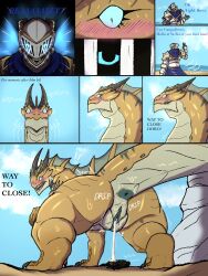 anus armor blush bodily_fluids comic cum cum_in_vagina cum_inside dialogue dragon english_text female feral frill_(anatomy) genital_fluids genitals group head_crest head_frill hi_res horn human leaking_cum male male/female mammal mythological_creature mythological_scalie mythology scalie sharp_teeth teeth text trio vulva yaboinoir