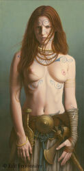 ferronniere ferronniere_(artist) female solo original 2016 history breasts nipples red_hair body_markings sword axe topless celtic celtic_tattoos tattoo navel female_only solo_female 1girls