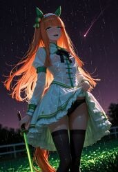 ai_generated black_legwear black_panties blushed_face bow dynamic_angle from_below glowing grass_field holding_skirt horse_ears horse_girl horse_tail katana liltigerx long_hair long_sleeves nipples_visible_through_clothing open_mouth orange_hair raindrops raining see-through_clothing silence_suzuka_(umamusume) skirt_lift small_breasts small_nipples soaking_wet standing thick_thighs thighs turquoise_eyes umamusume umamusume_pretty_derby wet_clothes white_dress