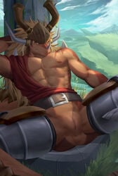 2020 abs anthro armor blonde_hair clothing cuntboy cuntboy_only dragon drum_bunker_dragon future_card_buddyfight genitals hair headgear helmet hi_res inkudoragoon intersex muscular nipples pussy scalie solo solo_male