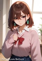 1girls ahe_gao ahegao_face ai_generated ascot ayase_momo belliora big_ass big_breasts breasts brown_hair choker closed_mouth cowgirl_position dandadan female female_focus female_on_cloth male medium_breasts momo_ayase nipples pussy ribbon straddle straddling sweater tits_out tongue standing tongue_out white_collar