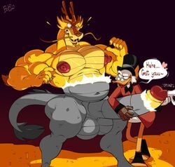 anthro balls bobthetanuki cum disney dragon duck ducktales duo extrasizedbob gay handjob hyper_penis male male/male male_only muscles nipples penis pixiu scalie scrooge_mcduck what