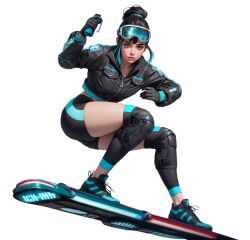 casey_(lust_goddess) lust_goddess big_ass big_butt big_booty blue_hair bangs skateboard ski_goggles flashbang blue_jacket transparent_background ai_generated thick_thighs floating