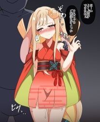 ... 1boy 1girl age_difference arm_up armpit_crease blush bow cho_kaguya-hime! chou_kaguya-hime! closed_mouth cosmic_princess_kaguya crescent_hair_ornament crescent_moon ellipsis facing_viewer hand_on_another's_shoulder height_difference hetero highres japanese_clothes japanese_text kaguya_(cho_kaguya-hime!) kimono legs_together lesbian_with_male long_hair looking_to_the_side moon nervous netorare nose_blush okutanro onomatopoeia orientation_play out_of_frame pussy_juice rabbit_ears rabbit_girl red_bow sidelocks speech_bubble standing straight sweat translation_request variant_set