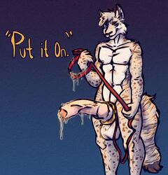 anthro big_penis bodily_fluids canid canine canis collar cool. cum cum_drip cum_on_collar cum_on_leash dialogue dripping felid feline genital_fluids genitals grin hannibal_azul hi_res huge_cock hybrid hyper hyper_genitalia hyper_penis leash leash_and_collar lynx male male_only mammal penis smile solo solo_male text wolf