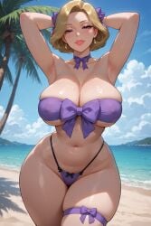 1girls ai_assisted ai_generated armpit_crease armpits arms_behind_head bandeau beach belly_button bikini blonde_hair bow_bikini bow_choker bow_panties bow_thong bursting_breasts choker cleavage clouds earrings eyebrows_visible_through_hair eyelashes eyeshadow female hair_ribbon half-closed_eyes hourglass_figure large_breasts light-skinned_female lip_gloss lipstick looking_at_viewer micro_bikini midriff milf mommy narrow_waist nipple_outline ocean ocean_background palm_leaf palm_tree pelvic_line pink_eyes purple_clothing revealing_clothes rgomez007 ribbon_bra seductive_look short_hair skimpy skimpy_clothes skindentation sky_background slight_smile solo_female stable_diffusion standing thick_eyelashes thick_lips thick_thighs thigh_ribbon underboob voluptuous wide_hips