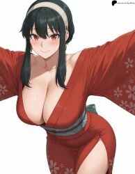 1girl 1girls ai_generated bangs black_hair blush breasts cleavage closed_mouth collarbone earrings floral_print_kimono hairband hi_res high_quality high_resolution highres kimono large_breasts leaning_forward light lips long_hair looking_at_viewer nose opal_nemy opalnemy patreon_logo patreon_url patreon_username plain_background red_eyes red_kimono self_upload shadow shiny shiny_hair shiny_skin simple_background smile solo spy_x_family thighs watermark white_background white_hairband yor_briar yor_forger