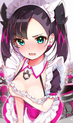 1boy 2girls absurdres alternate_costume alternate_outfit apron aqua_eyes arm_under_breasts asymmetrical_bangs bangs black_hair blurry blush bow breast_hold breasts cleavage collarbone depth_of_field detached_collar downblouse earrings embarrassed enmaided eyebrows_visible_through_hair female frilled_sleeves frills highres human human_only jewelry long_hair looking_at_viewer maid maid_headdress maid_uniform male marnie_(pokemon) multicolored_hair multiple_girls nintendo pink_bow pokemon pokemon_ss puffy_short_sleeves puffy_sleeves purple_hair rouka_(akatyann) short_sleeves small_breasts solo_focus team_yell team_yell_grunt_(female) team_yell_grunt_(male) tears thighs twintails two-tone_hair v-shaped_eyebrows white_apron