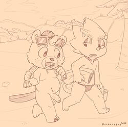 2020 animal_crossing anthro balls beach beaver belly c.j._(animal_crossing) chibi clothing detailed_background duo flick_(animal_crossing) genitals hat headgear headwear hi_res humanoid_genitalia humanoid_hands humanoid_penis lizard male male_only mammal nintendo outside penis reptile rodent scalie seaside slightly_chubby speedo swimwear towel unboxyguy video_games