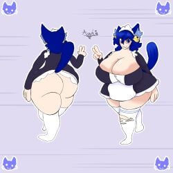 original brick_(aaanarkia) aaanarkia oc redesign 2026 maid maid_headdress maid_uniform maid_outfit maid_dress ass big_ass huge_ass fat_ass thick_thighs thick_ass thick thick_hips wide_hips tail cat_ears cat_tail catgirl cat_girl bells reference_sheet back_view rear_view front_view blue_eyes blue_hair blue_fur dress clothed clothing exposed_ass lifted_by_self lifted_skirt lifted_dress accidental_exposure boobs breasts big_breasts huge_breasts hyper hyper_breasts animal_ears cute :3 simple_background original_character original_artwork cleavage deep_cleavage tits 1girls female female_only 1girl bare_thighs thighhighs big_thighs thighs absolute_territory