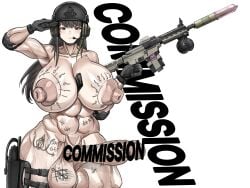 1girl abs absurdres body_writing breasts commentary commission english_text futanari girls'_frontline highres huge_breasts large_breasts m4a1_(girls'_frontline) military slavsegger solo