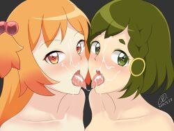 2girls 9rimson bare_shoulders blush character_request commentary_request copyright_request cum cum_in_mouth cum_on_body cum_on_tongue dated facial green_eyes green_hair grey_background hair_bobbles hair_ornament heart heart_in_eye implied_nudity looking_at_viewer multiple_girls open_mouth orange_eyes orange_hair saliva saliva_trail short_hair signature simple_background symbol_in_eye tongue tongue_out