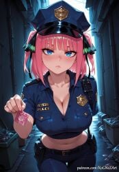 1girl 2026 ai_generated alley anime bangs belt black_ribbon blue_eyes blue_pants blue_shirt blunt_bangs blush boobs breasts butterfly_hair_ornament cleavage closed_mouth collarbone condom condom_wrapper crop_top crossover eye_contact female female_focus flushed go-toubun_no_hanayome hair_accessory hair_ornament hair_ribbon hat highres holding holding_condom huge_breasts large_breasts looking_at_viewer midriff nakano_nino navel neutral_expression nsfw outdoors pants patreon pink_hair police police_hat police_uniform policewoman pouch ribbon rognezart shirt short_hair short_sleeves solo sweatdrop two_side_up uniform watermark web_address