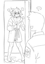 bsapricot froot 1girls female 1boy male indie_virtual_youtuber virtual_youtuber vtuber sketch blush embarrassed horns short_hair cleavage breasts big_breasts wet wet_body wet_skin puddle barefoot feet legs_apart bathrobe robe robe_only bathrobe_only open_mouth looking_at_another huff huffing speech_bubble delivery_employee postman delivery_boy delivery_uniform delivery_man out_of_shower after_shower door opening_door door_open smile pointy_ears wet_hair painted_nails nail_polish