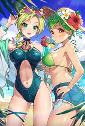 2girls beach breasts dohyun0305 drink drinking female female_only foo_fighters glasses_on_head green_bikini green_eyes green_hair hand_on_hip human jean_shorts jeans jojo's_bizarre_adventure jolyne_kujo light-skinned_female light_skin looking_at_viewer navel_piercing one-piece_swimsuit orange_eyes piercing safe short_hair shounen_jump side_armpit stone_ocean straw_hat thick_thighs toned toned_female wholesome