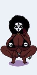 1girls afro big_breasts bikini_bottom bikini_top choker dark-skinned_female ejckoart goth_girl gothic_makeup holding_object holding_phone monica_biko(momoboo) original_character selfie squatting white_background