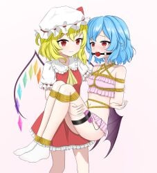 2girls absurdres ai_lei_tv alternate_costume arms_behind_back ascot bat_wings bdsm bikini blonde_hair blush bondage bound bound_arms bound_legs carrying carrying_person chinese_commentary closed_mouth collared_shirt commentary_request crystal crystal_wings fang fang_out flandre_scarlet frilled_bikini frilled_shirt_collar frilled_skirt frills hat highres incest mob_cap multicolored_wings multiple_girls navel one_side_up partial_commentary partially_submerged pink_bikini princess_carry puffy_short_sleeves puffy_sleeves red_eyes red_skirt red_vest remilia_scarlet rope sex_toy shibari shibari_over_clothes shirt short_sleeves siblings sisters skirt skirt_set smile socks stomach swimsuit touhou vest white_hat white_socks wings yellow_ascot yuri