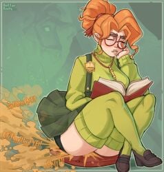 butterknife742 deadlock paige_(deadlock) 1girl solo green_clothing nerdy_female orange_hair freckles skirt thighhighs book glasses sitting cushion badge necklace ponytail brown_shoes sweater eyes_closed mouth_open relieved fart_fetish fart gassy ass hair_tie yellow_fart reading resting_head suspenders