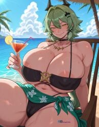 ai_generated angel_yukkis zenless_zone_zero day 1girl seaside nipples pussy sexy_bikini bikini black_bikini big_ass big_breasts big_tits tits ass breasts oppai sexy_pose sexy_female curvy_figure caesar_king_(zenless_zone_zero) caesar_king