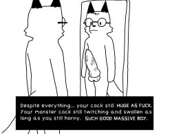 absurd_res animal_genitalia animal_penis anthro balls big_balls big_penis blush bodily_fluids canid canine canine_genitalia canine_penis english_text erection eyewear femboy fox foxfreeguy genital_fluids genitals glasses hi_res huge_penis knot knotted_penis looking_at_mirror looking_at_object looking_at_reflection male mammal mirror nerd penile penis precum roddy_(foxfreeguy) solo standing text vein veiny_balls veiny_penis