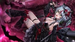 1girls artist_name belt big_breasts black_nails blush breasts chains cleavage collar corset detached_sleeves dress female flesh_fang frilled_dress frills froot goth goth_girl green_eyes green_hair grey_hair hair_around_horn hair_on_horn hair_ornament hair_ribbon headband heart_cutout holding_microphone horns huge_breasts indie_virtual_youtuber large_breasts layered_dress leaning_against_wall leaning_back leg_up leg_warmers legwarmers lipstick long_sleeves looking_at_viewer microphone multicolored_hair nail_polish open_mouth painted_nails pale-skinned_female pale_skin platform_footwear platform_heels puffy_sleeves reaching_towards_viewer red_lipstick ribbon ringeko_chan rose rose_(flower) short_hair sitting solo spiked_collar thigh_squish thigh_strap thighs tongue virtual_youtuber vtuber wall