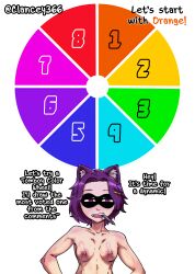 animal_ears breasts caption clancey366 color_wheel_challenge hairclip lain_clancey pen_in_mouth purple_hair racoon_ears racoon_girl text tomboy