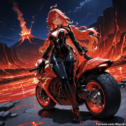1girl ahoge ai_assisted ai_generated bangs bikesuit black_footwear bodysuit boots breasts center_opening cleavage curvaceous curvy curvy_female curvy_figure earrings female genshin_impact gloves grey_eyes ground_vehicle high_heels holding jewelry large_breasts logo long_hair looking_at_viewer mavuika_(genshin_impact) miyuai motor_vehicle motorcycle motorcycle_helmet multicolored_hair night night_sky outdoors parted_lips red_hair sky smile solo standing star_(sky) starry_sky thick thick_ass thick_butt thick_hips thick_legs thick_thighs voluptuous voluptuous_female weapon wide_hips wide_thighs zipper
