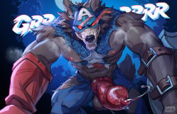 1boy abs animal_penis artist_name bara biceps captain_america captain_america_(cap-wolf) captain_america_(capwolf) english_commentary english_text fang fangs furry furry_male glowing glowing_eyes highres holding holding_shield looking_at_viewer male_focus marvel marvel_rivals masked muscular muscular_male navel nipples open_mouth pants pectorals penis poofroom poofroom_fanart pov shield superhero_costume testicles torn_clothes torn_pants watermark
